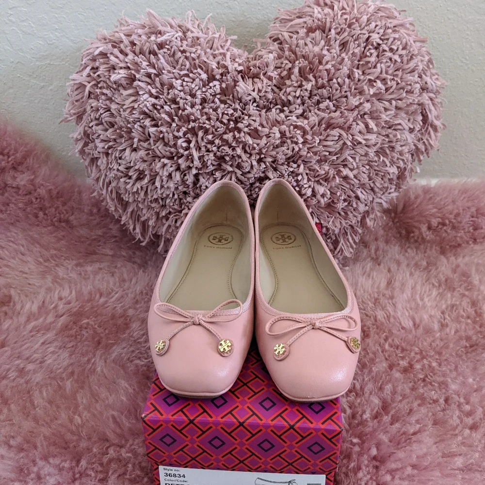 Tory Burch Pink Ballet Flats with Bow and Logo Charm
